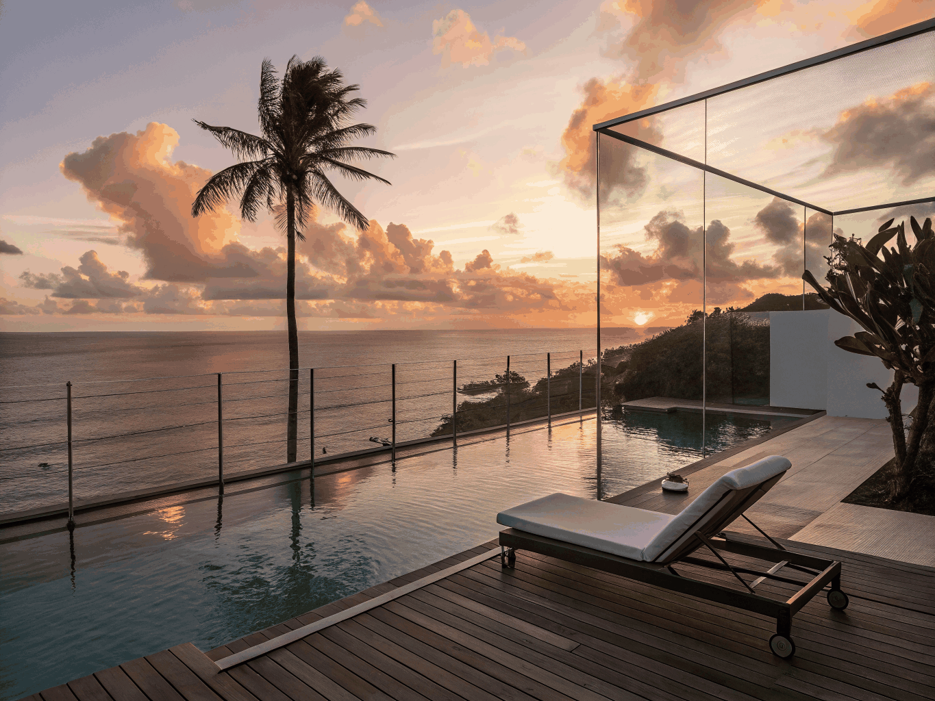Crystal clear infinity pool merging with the ocean horizon