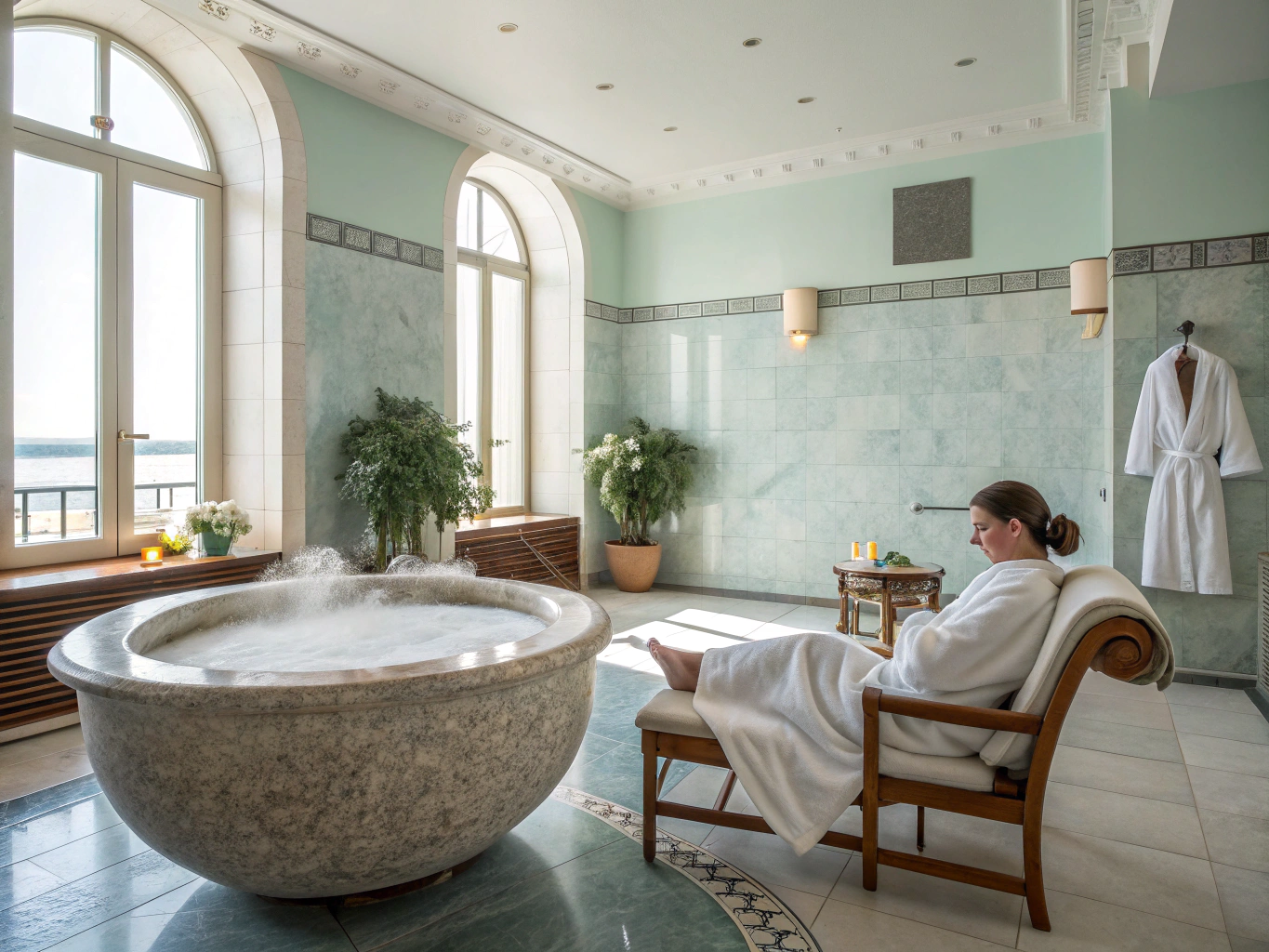 Serene spa treatment room with ocean views